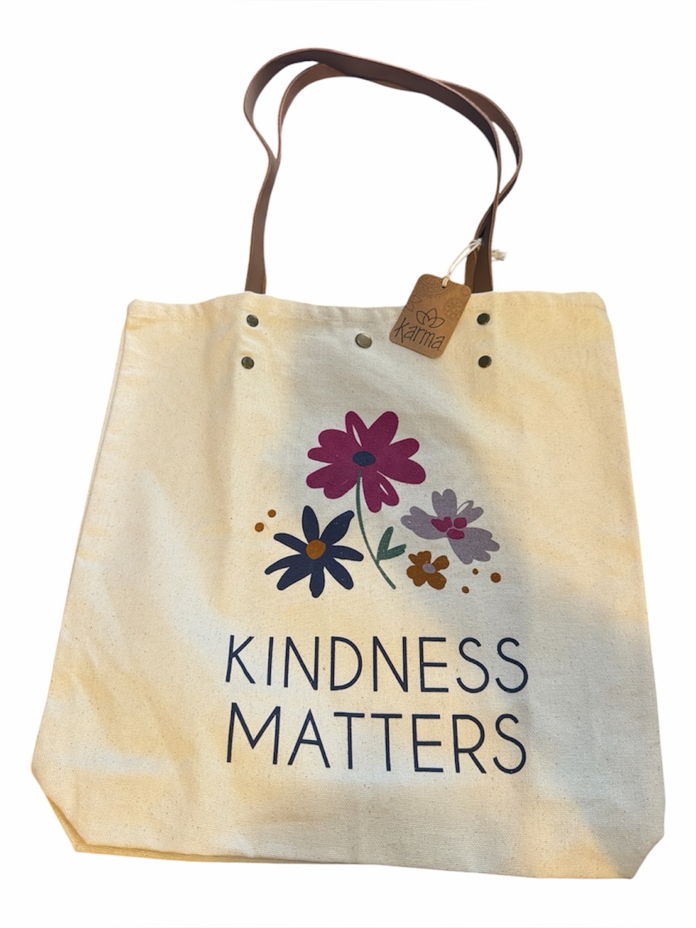 Karma Cream Canvas Tote with Multicolor Floral Print and Brown Handles